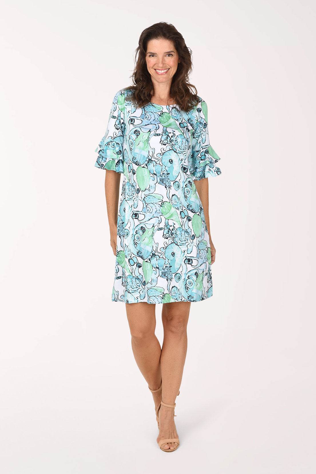 Tango Mango Seashells UPF50 Ruffled Sleeve Dress, front view, aqua, mint and teal seashell print on white
