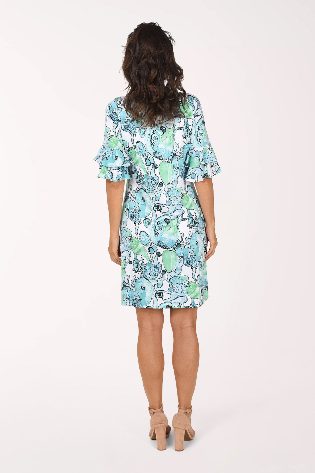 Tango Mango Seashells UPF50 Ruffled Sleeve Dress, back view, aqua, mint and teal seashell print on white