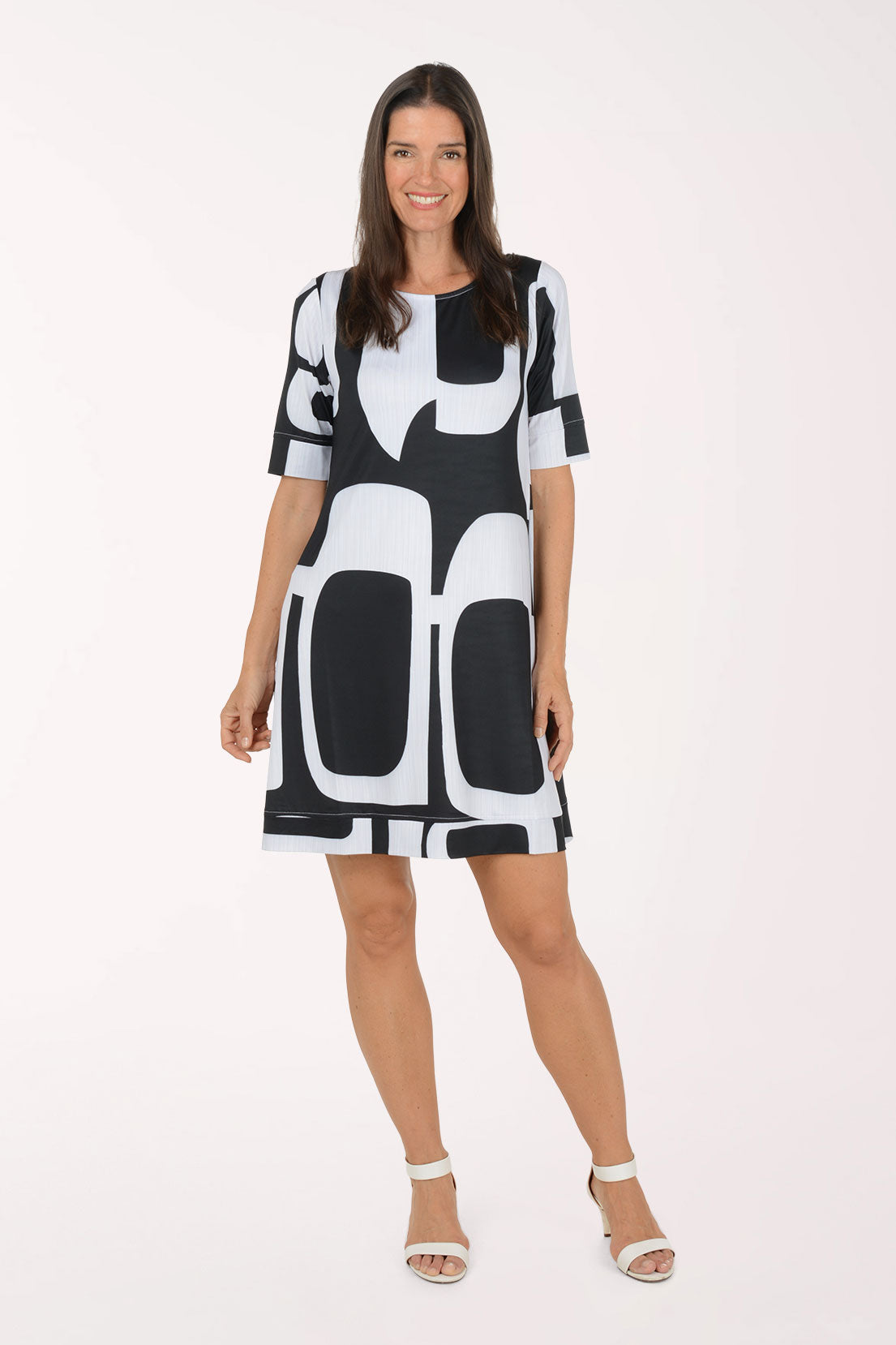 Tango Mango Modern Shapes UPF50 Elbow Sleeve Dress, front view, bold black and white geometric shapes