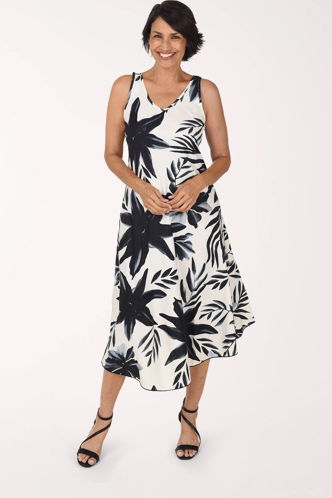 Tango Mango Monochrome Hibiscus Sleeveless Midi Dress, front view, black and gray hibiscus and palm leaves on ivory