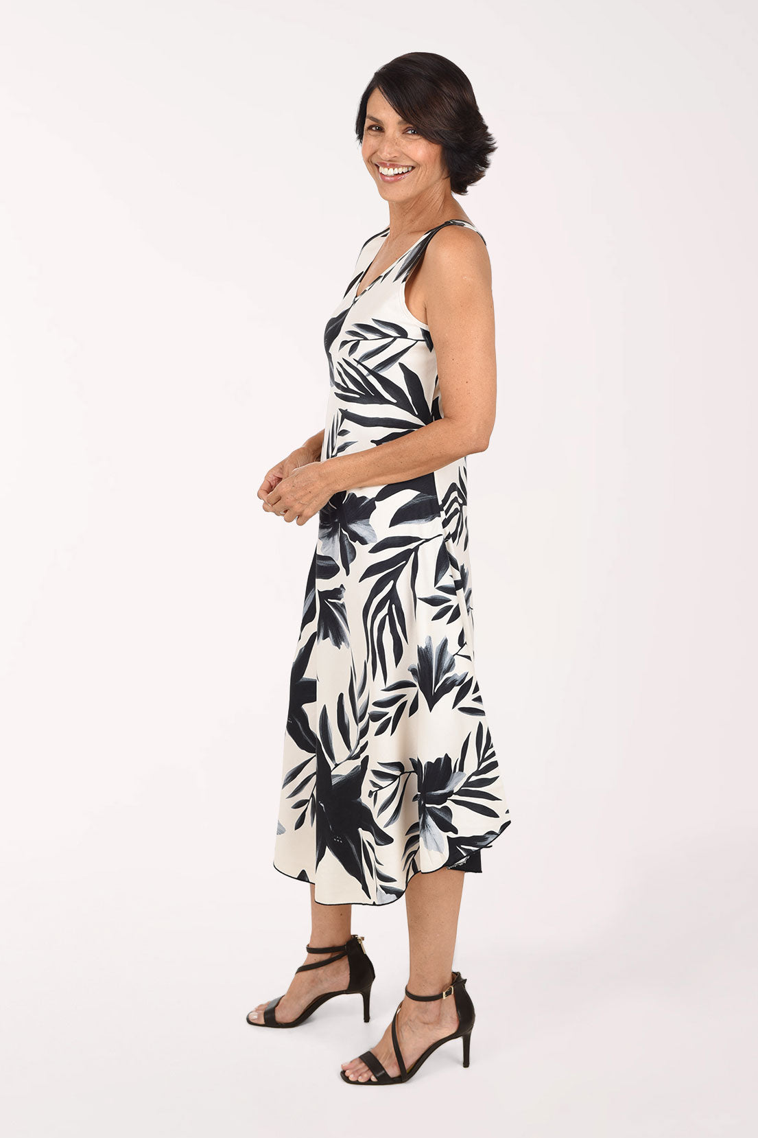 Tango Mango Monochrome Hibiscus Sleeveless Midi Dress, side view, black and gray hibiscus and palm leaves on ivory
