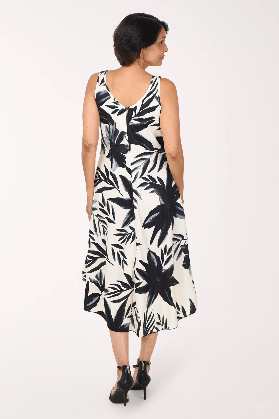 Tango Mango Monochrome Hibiscus Sleeveless Midi Dress, back view, black and gray hibiscus and palm leaves on ivory