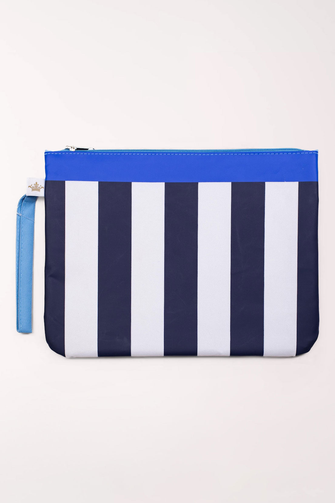 The Royal Standard San Blas Stripe Wet/Dry Bag in wide navy and white stripes with bright blue zipper trim and a wrist strap
