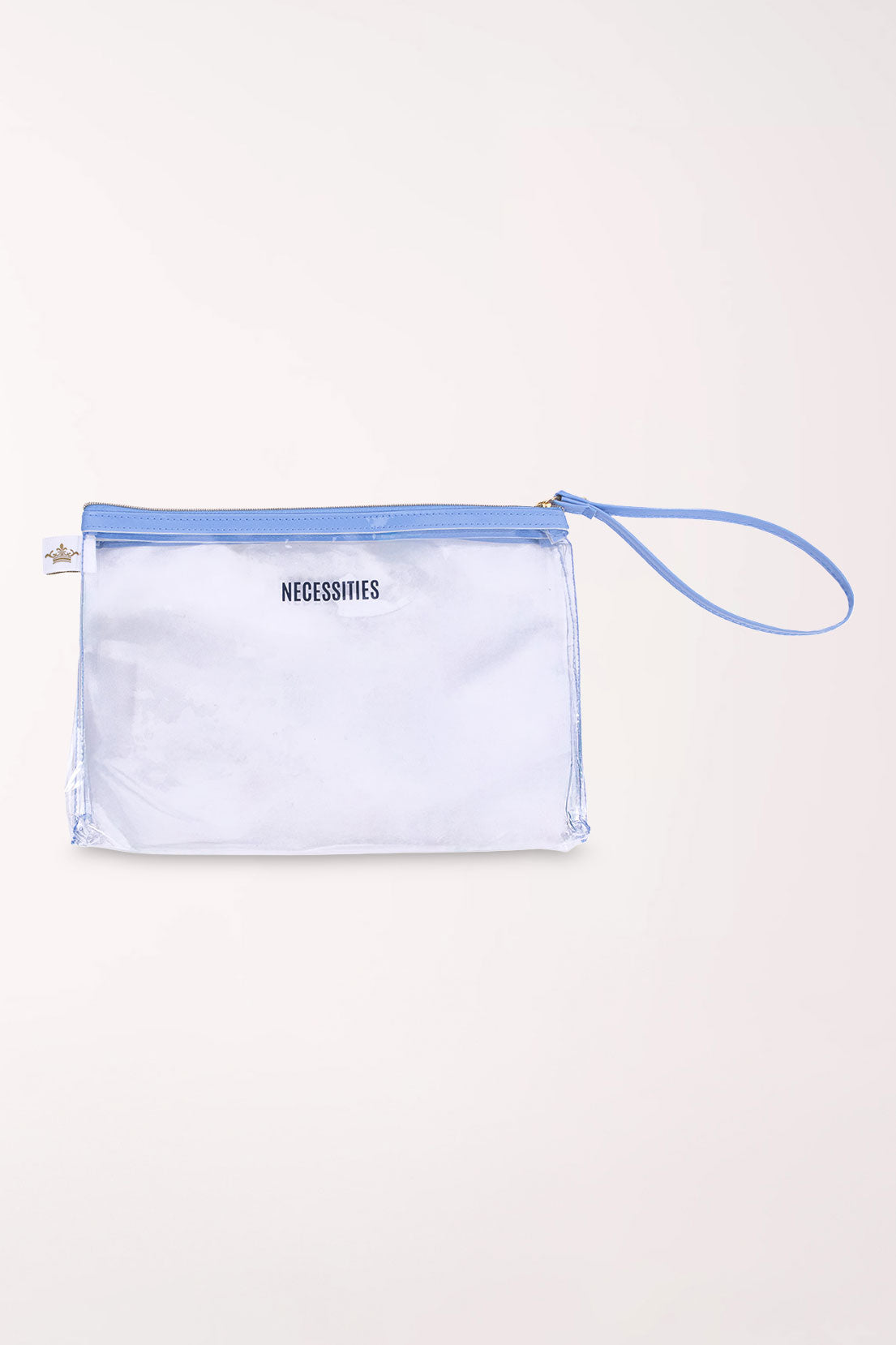 Clear PVC zip pouch with periwinkle trim along the top, a matching periwinkle wrist strap, and a small printed label.