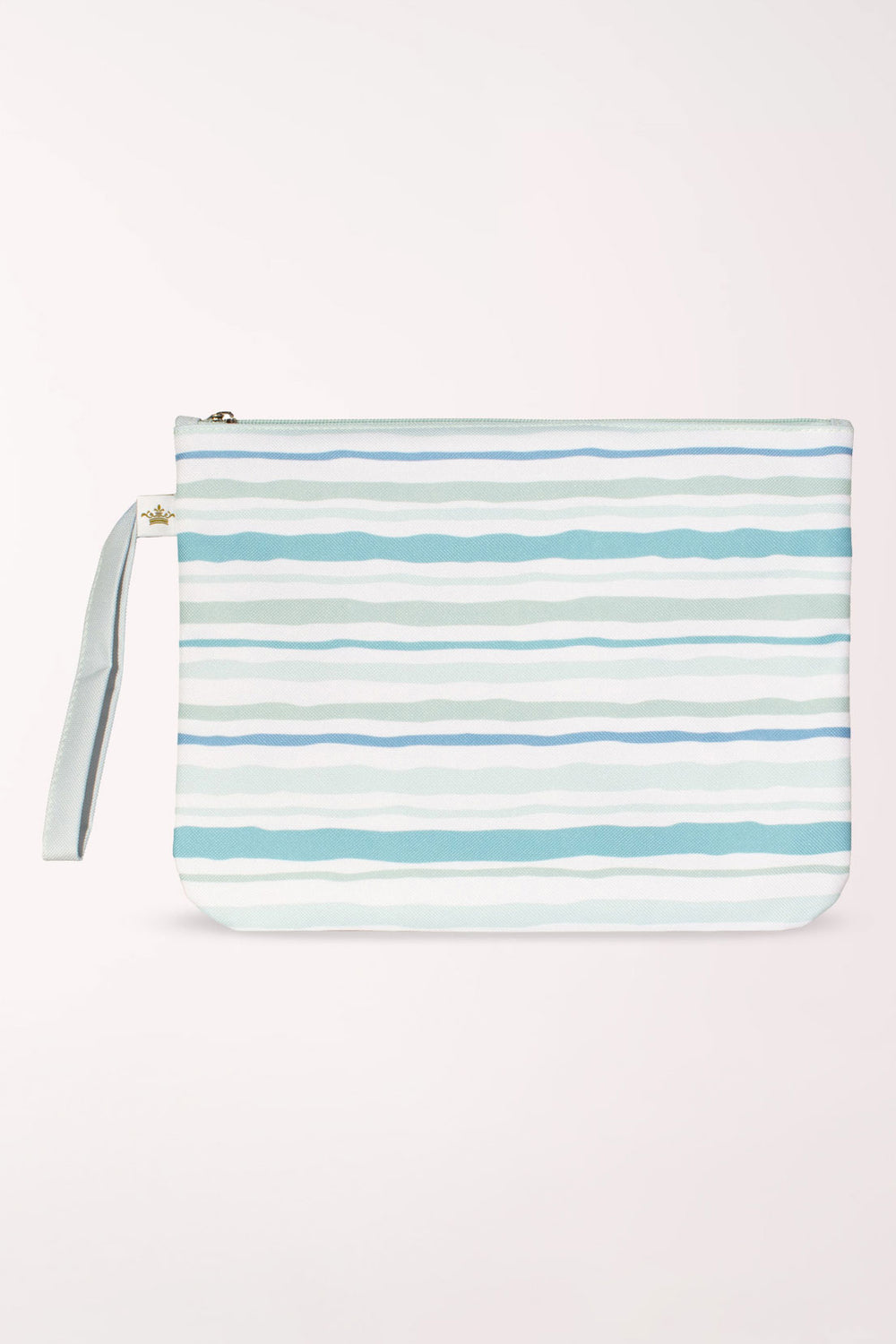 White wet/dry bag with horizontal stripes in aqua, teal, and soft blue of varying widths, with a pale blue wrist strap.