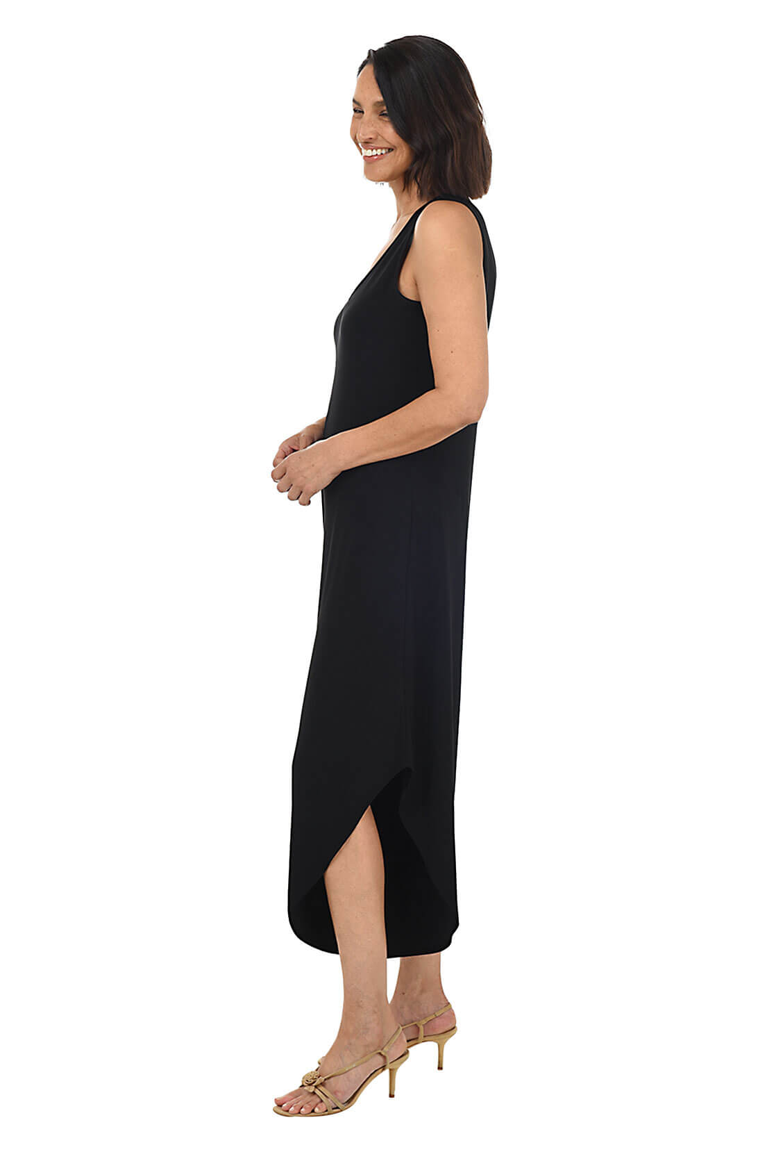 Side photo of a model wearing a black sleeveless jumpsuit