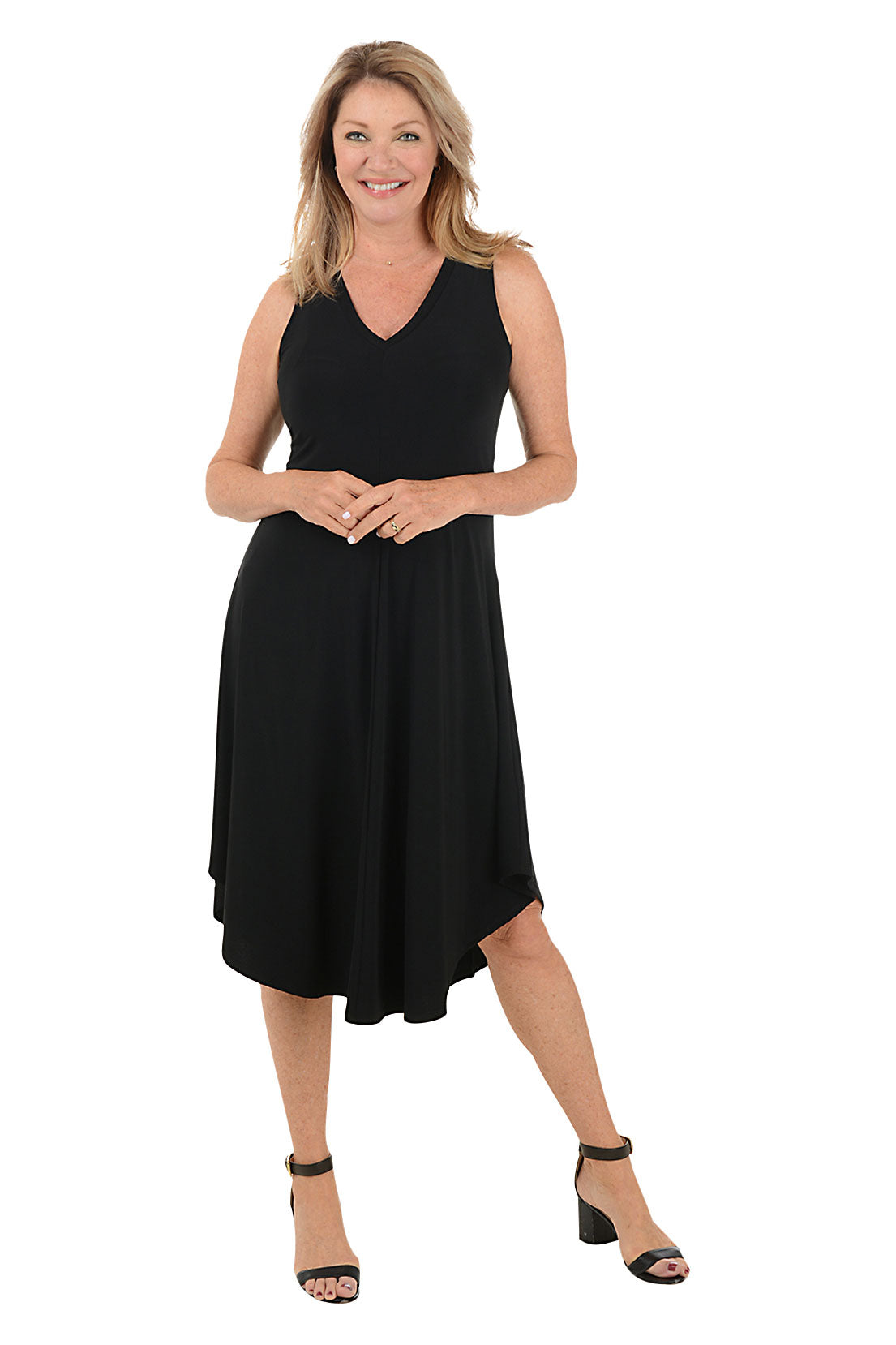 Woman wearing a black sleeveless dress on a white background