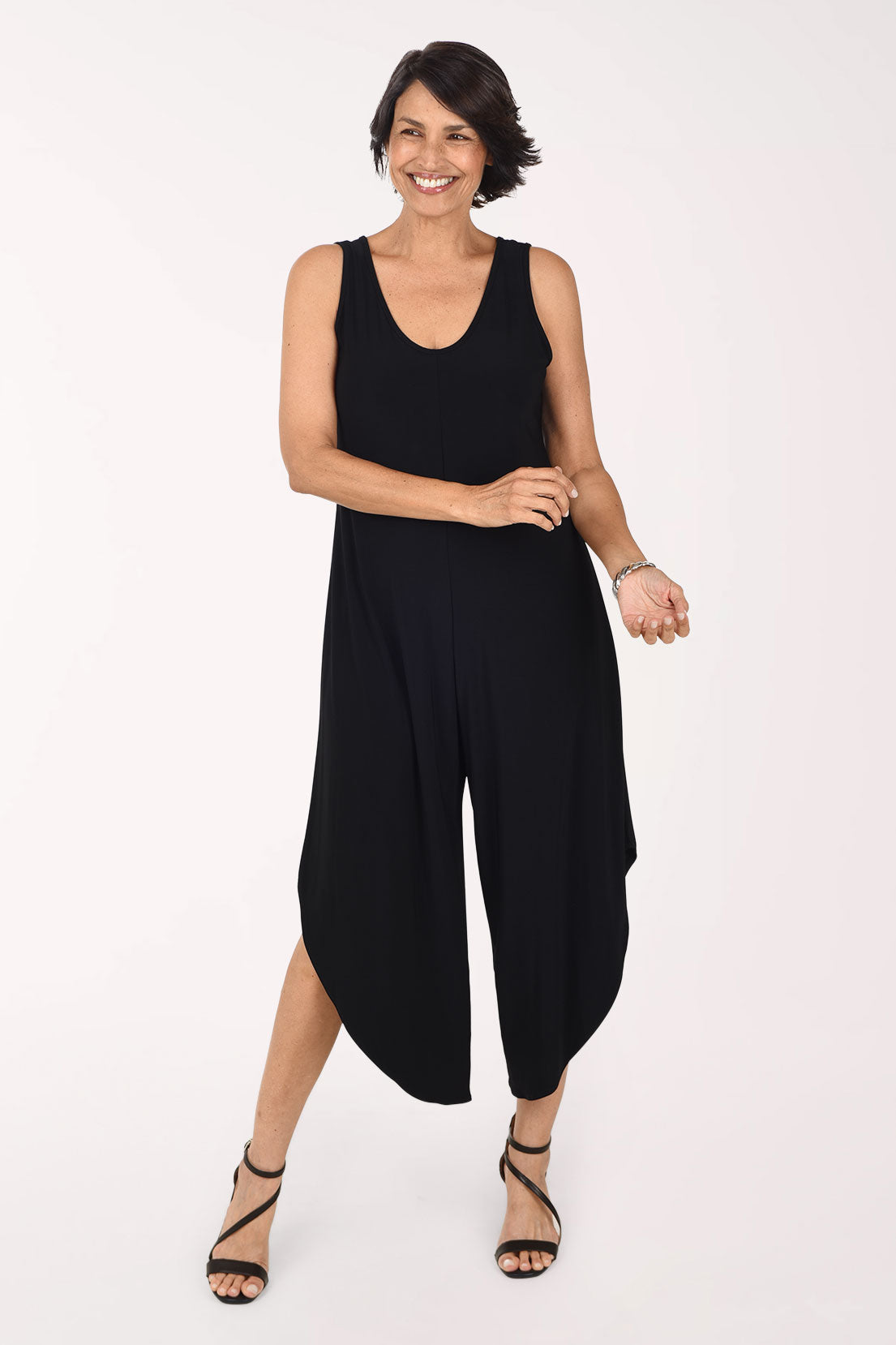 Tiana B Solid Sleeveless Wide Leg Jumpsuit, front view, black