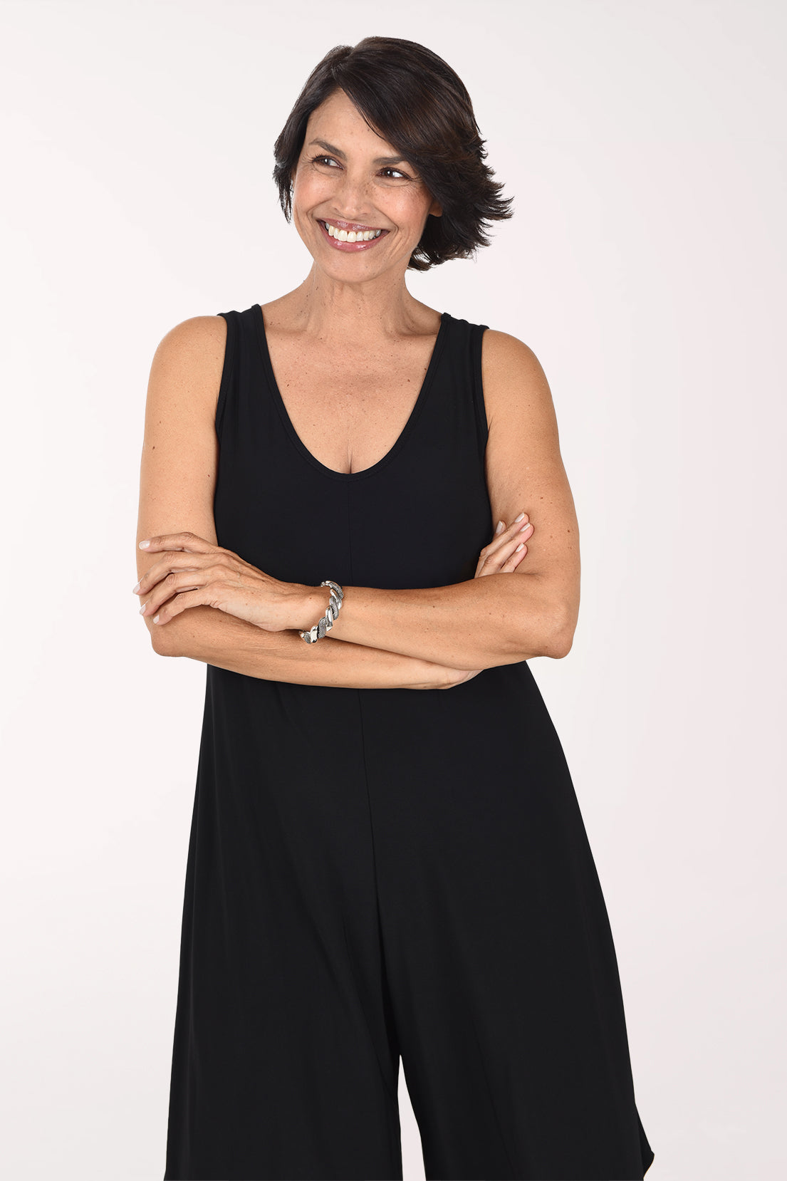 Tiana B Solid Sleeveless Wide Leg Jumpsuit, close-up front view, black