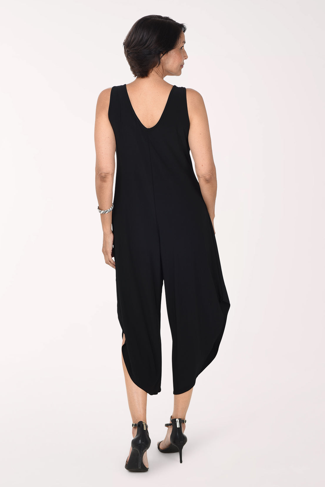 Tiana B Solid Sleeveless Wide Leg Jumpsuit, back view, black