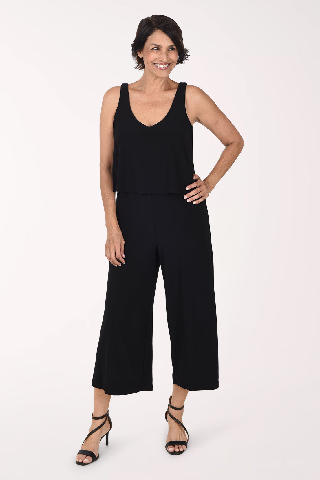 Tiana B Sleeveless Popover Jumpsuit, front view, black
