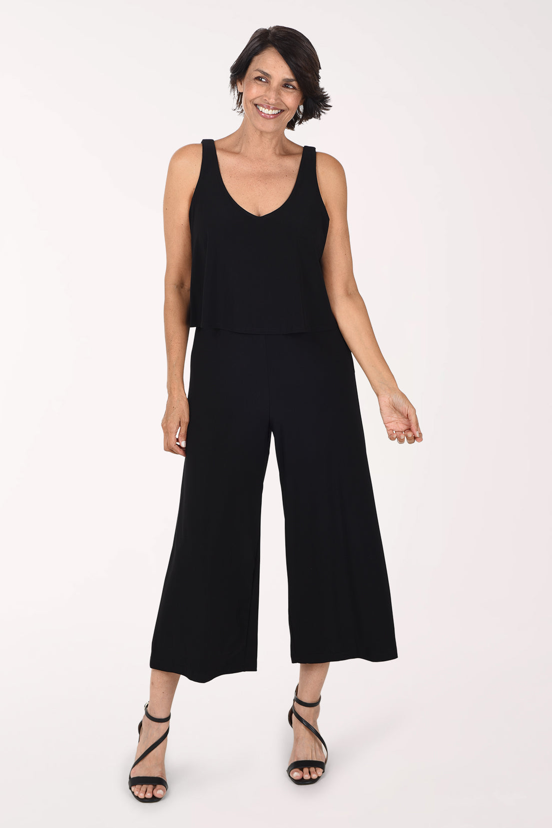 Tiana B Sleeveless Popover Jumpsuit, front view, black