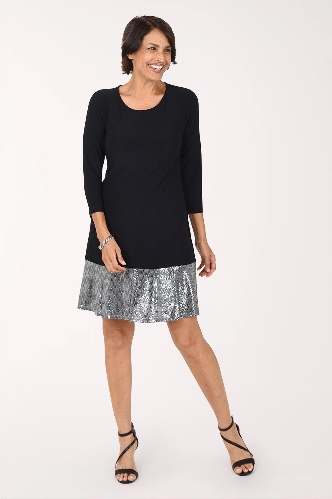 Tiana B Sequined Hem 3/4 Sleeve Party Dress, front view, black with silver sequin hem