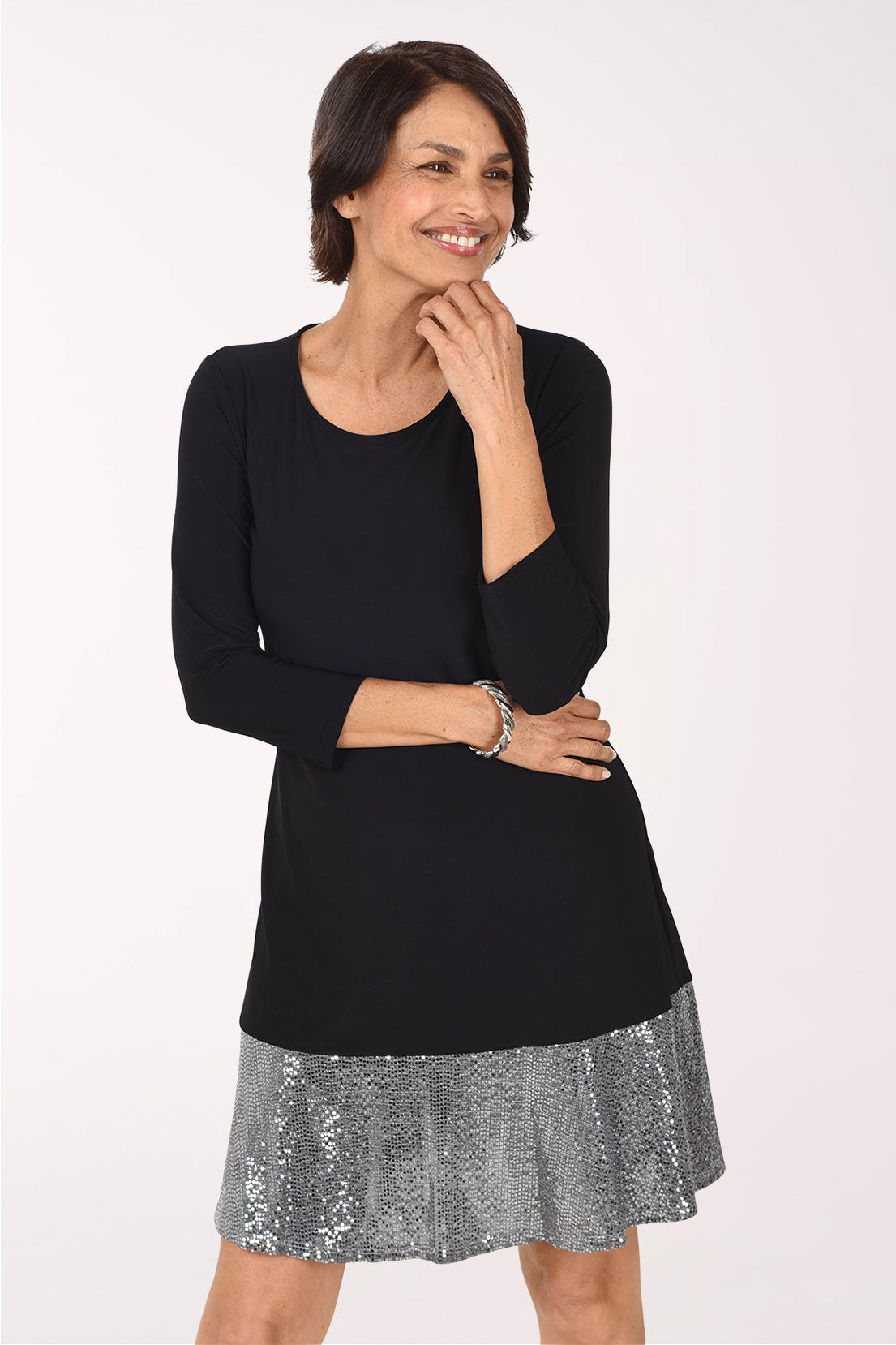 Tiana B Sequined Hem 3/4 Sleeve Party Dress, close-up front view, black with silver sequin hem