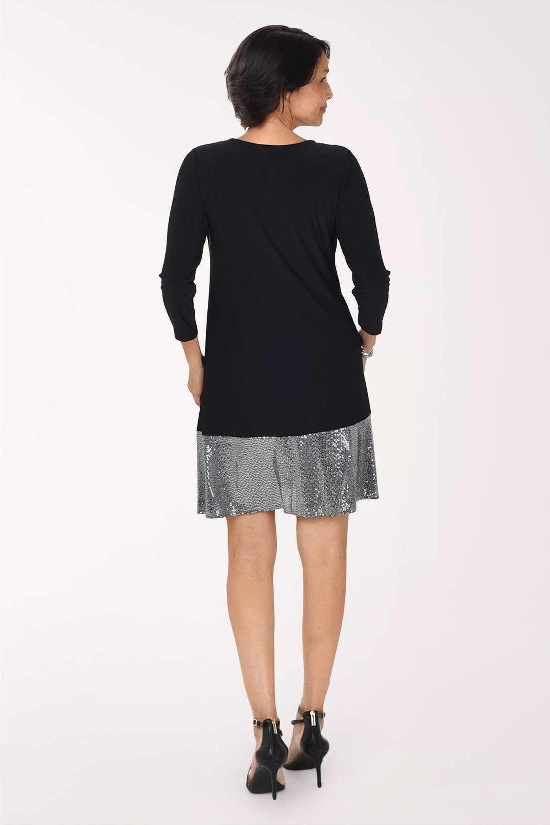 Tiana B Sequined Hem 3/4 Sleeve Party Dress, back view, black with silver sequin hem