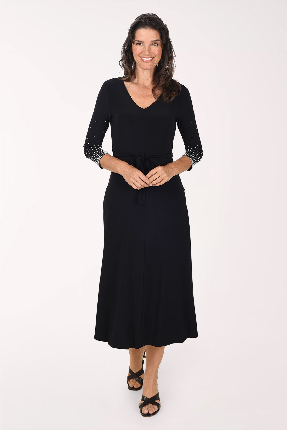 Tiana B Beaded 3/4 Sleeve Midi Dress, front view, black