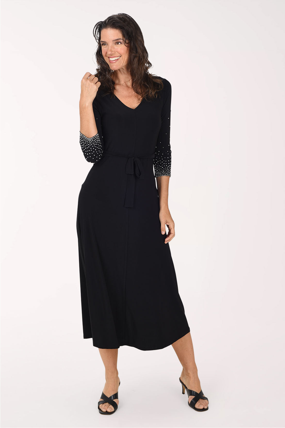 Tiana B Beaded 3/4 Sleeve Midi Dress, front view, black