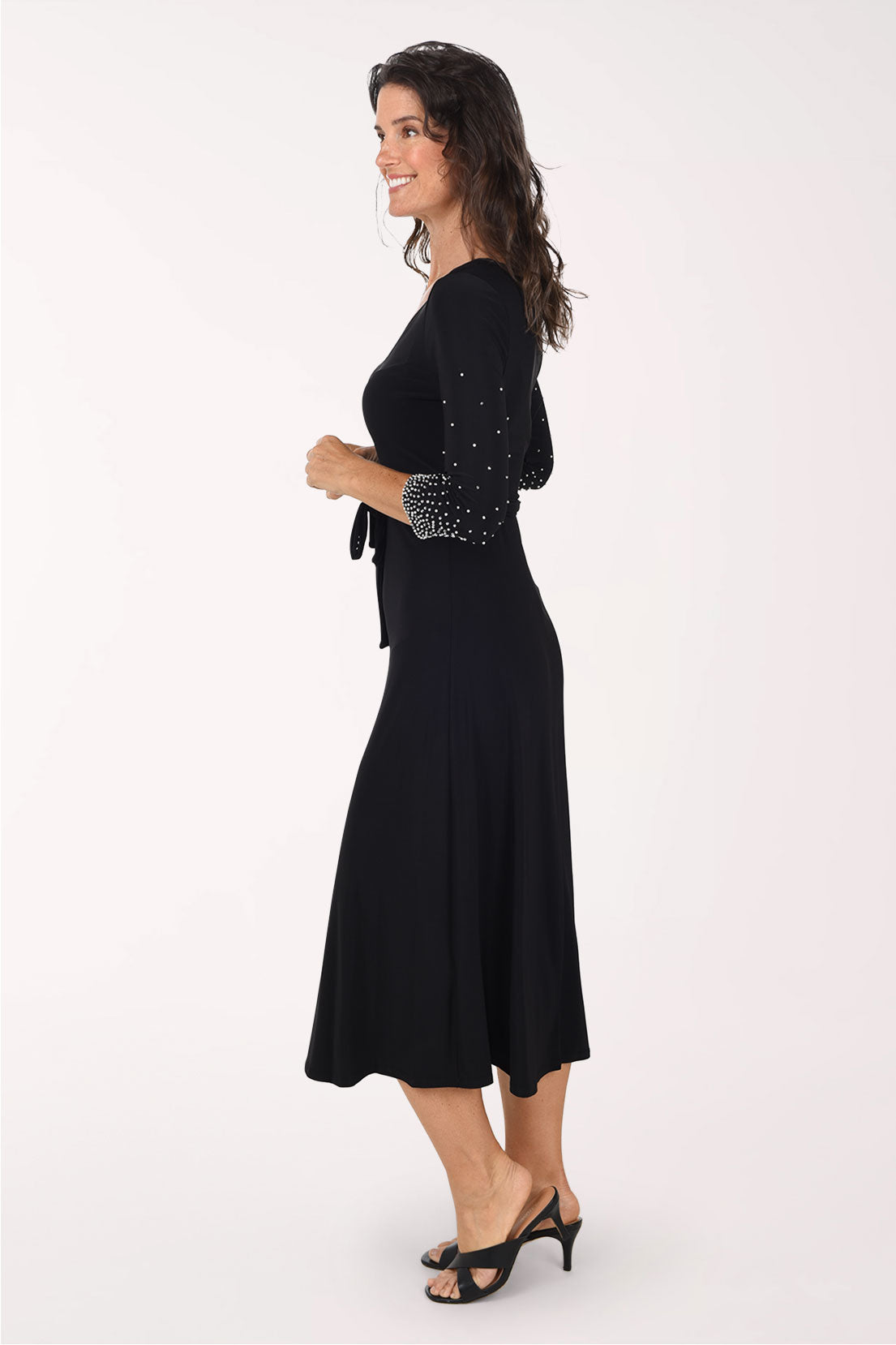 Tiana B Beaded 3/4 Sleeve Midi Dress, side view, black