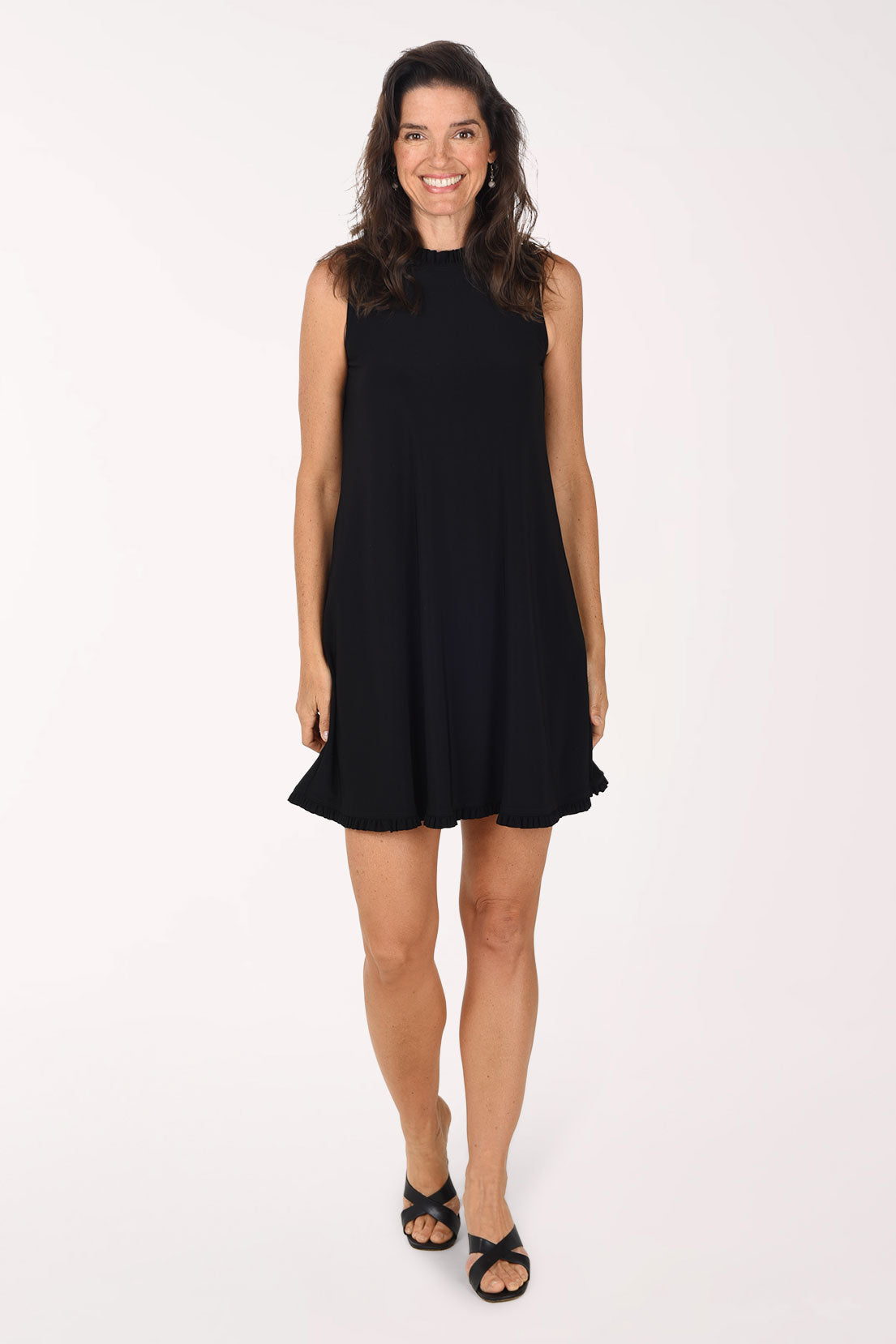 Tiana B Ruffled Trim Sleeveless Dress, front view, black