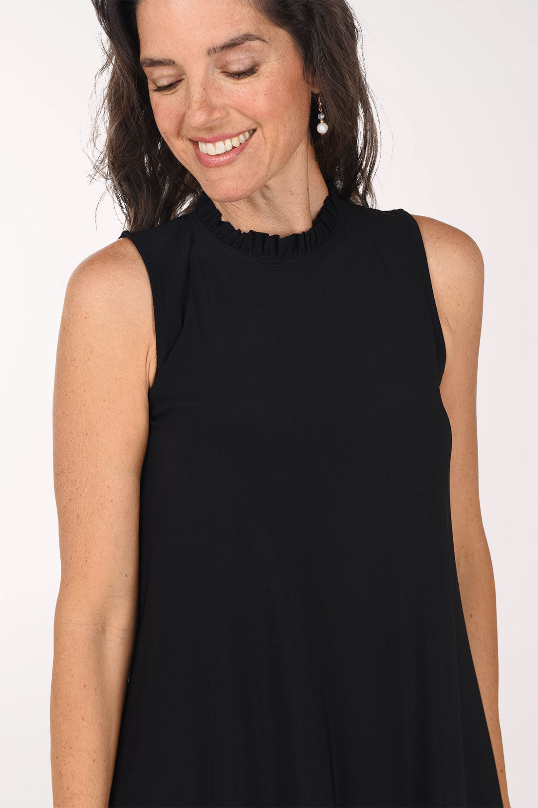 Tiana B Ruffled Trim Sleeveless Dress, close-up of the ruffled neckline, black