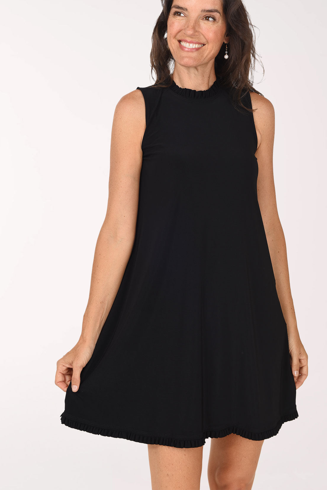 Tiana B Ruffled Trim Sleeveless Dress, close-up front view, black