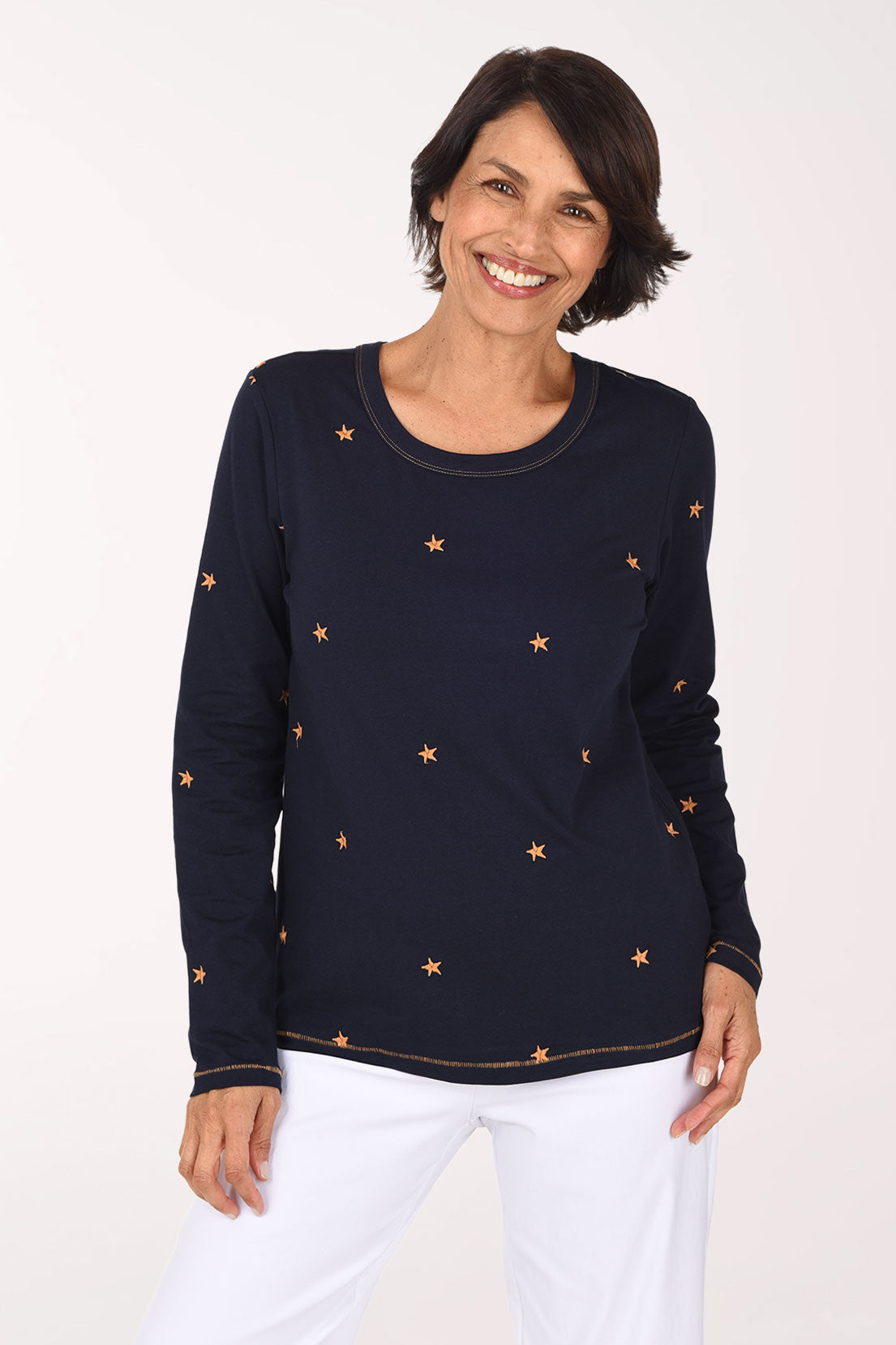 Tribal Embroidered Stars Long Sleeve Tee, front view, navy with white stars