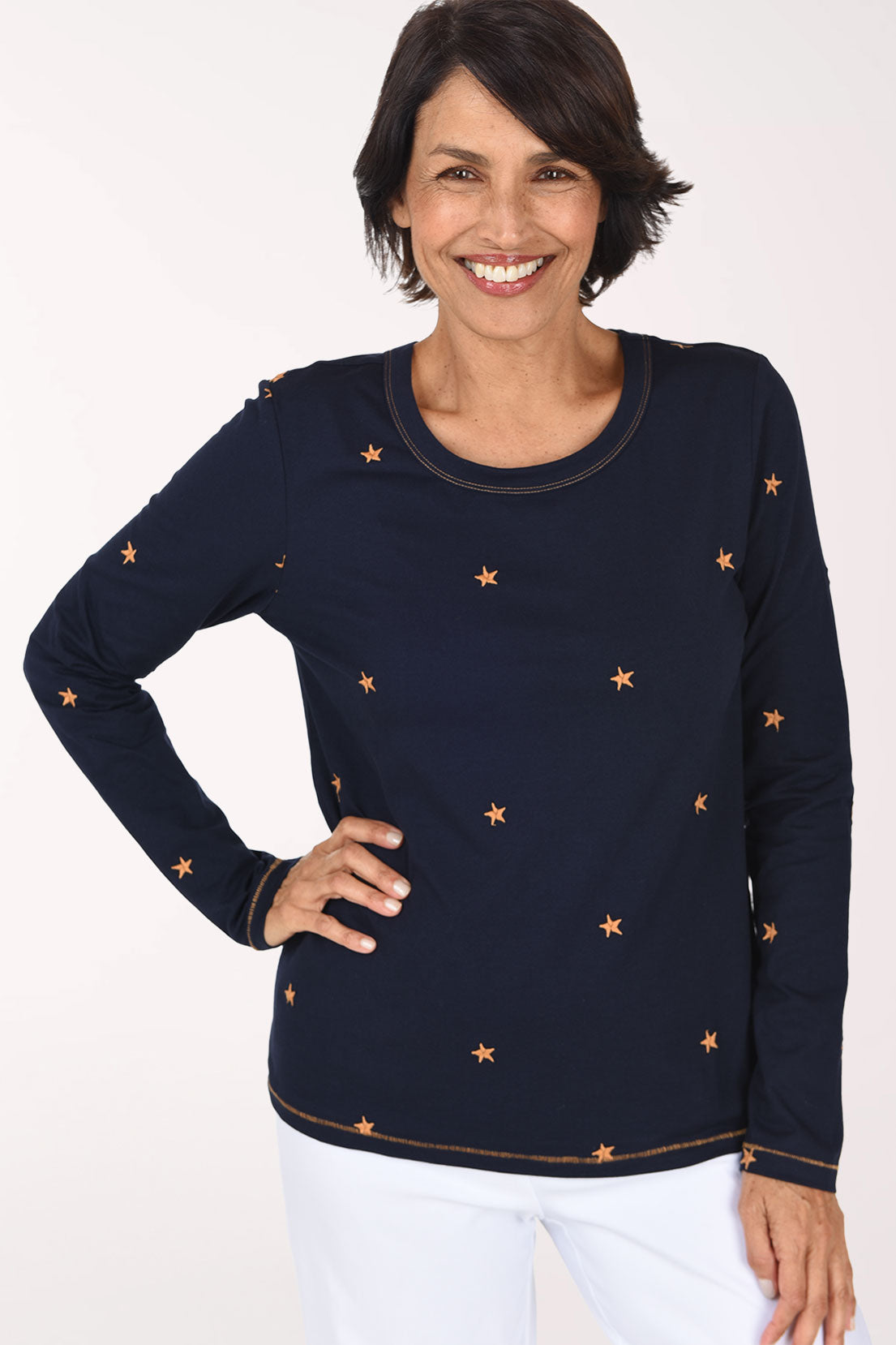 Tribal Embroidered Stars Long Sleeve Tee, close-up of the star embroidery, navy with white stars