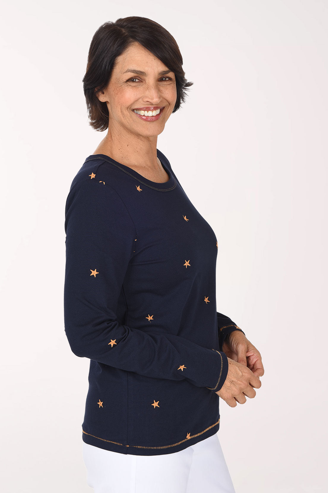 Tribal Embroidered Stars Long Sleeve Tee, side view, navy with white stars