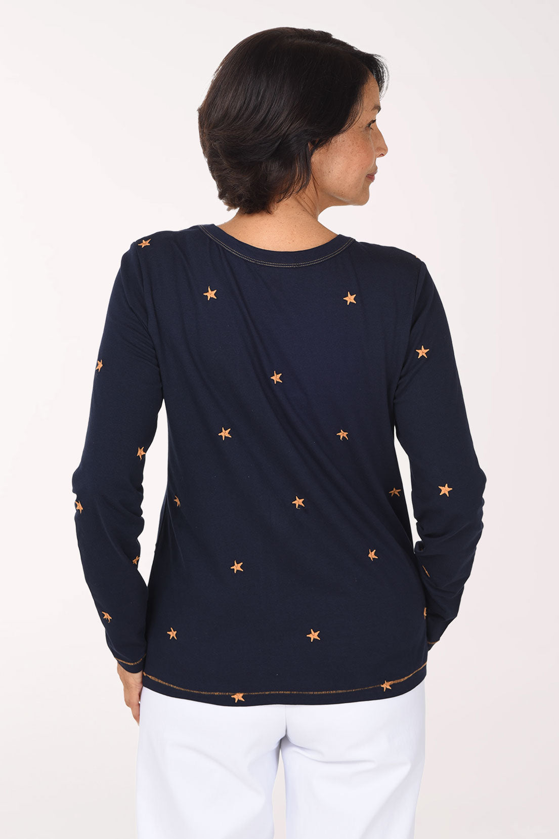 Tribal Embroidered Stars Long Sleeve Tee, back view, navy with white stars
