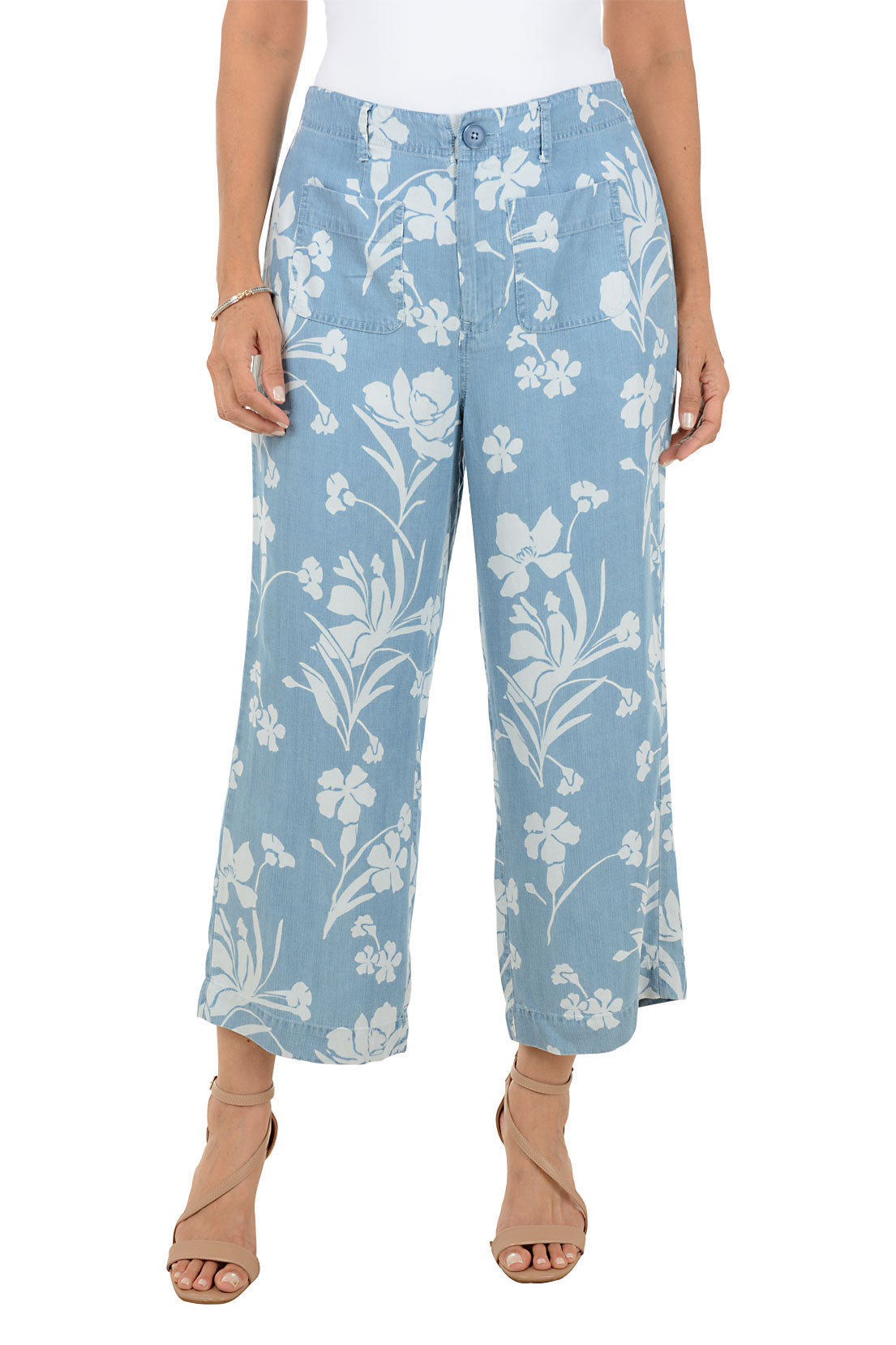 Light blue floral-patterned pants worn by a person on a white background
