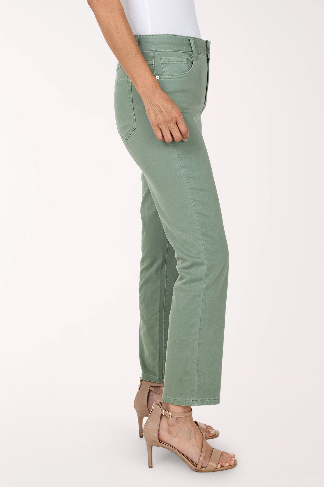 Side view of sage green Moss stretch denim ankle pants showing the straight leg ending at the ankle.