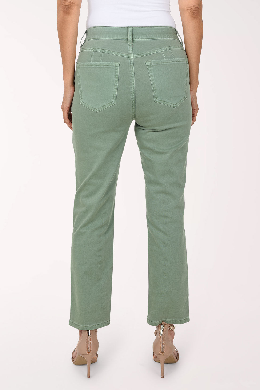 Back view of sage green Moss stretch denim ankle pants showing the back patch pockets and straight leg.