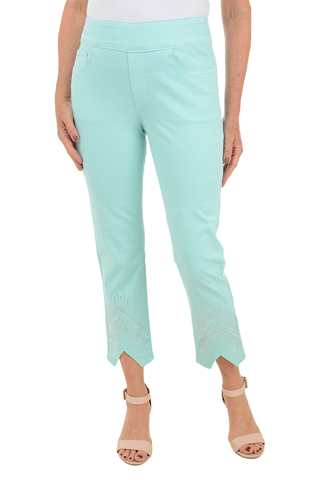 A pair of light blue denim ankle pants with rhinestone embellishment on the hemline, featuring a pull-on design, 5-pocket styling, and a stretch waistband.