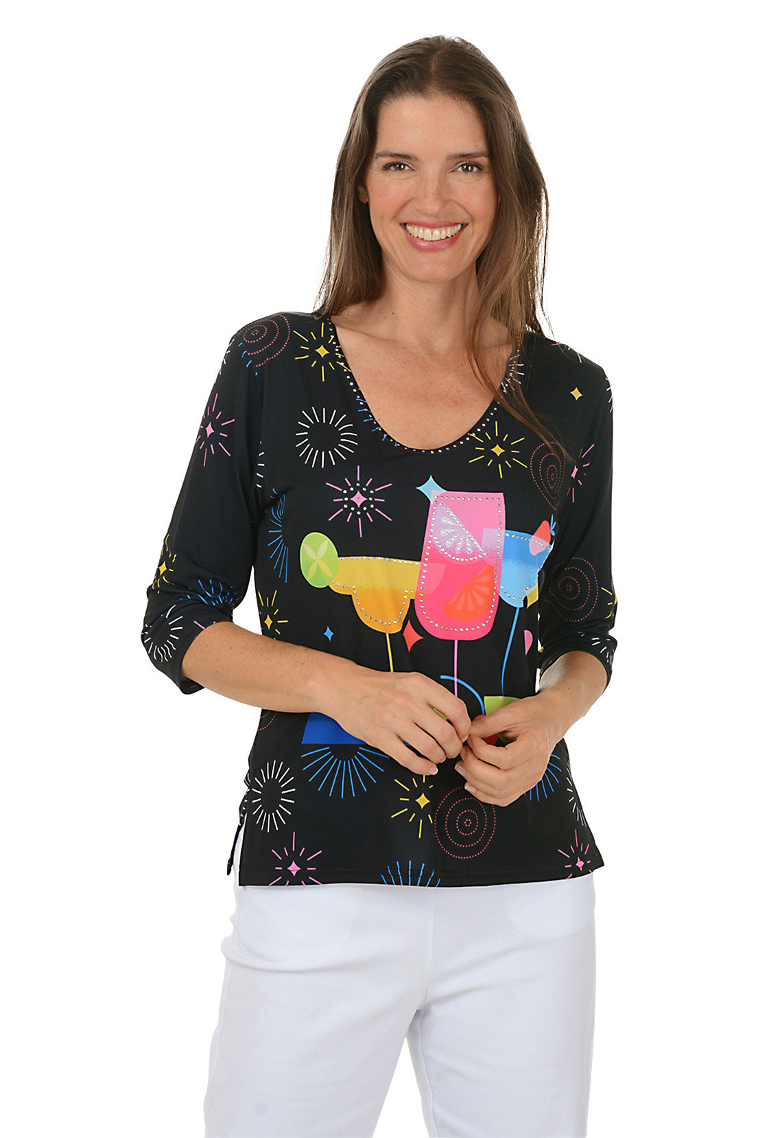 Woman wearing a black top with colorful cocktail graphics on a white background.