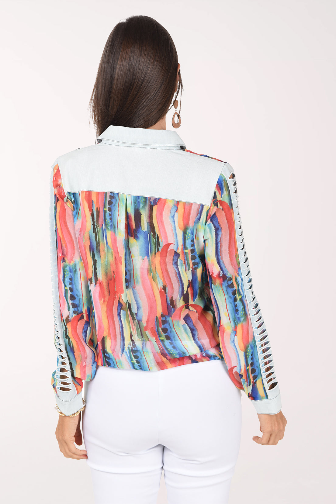 Back view of the orange watercolor shirt showing the light denim back yoke, the pleated printed chiffon back and denim sleeve details.