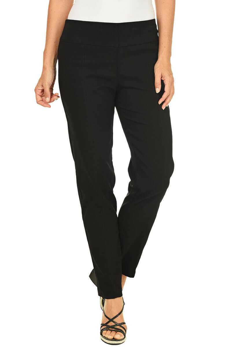 A front shot of a model wearing black pull-on full-length pants with a mesh panel in the waistband and a front leg seam for a tailored look.