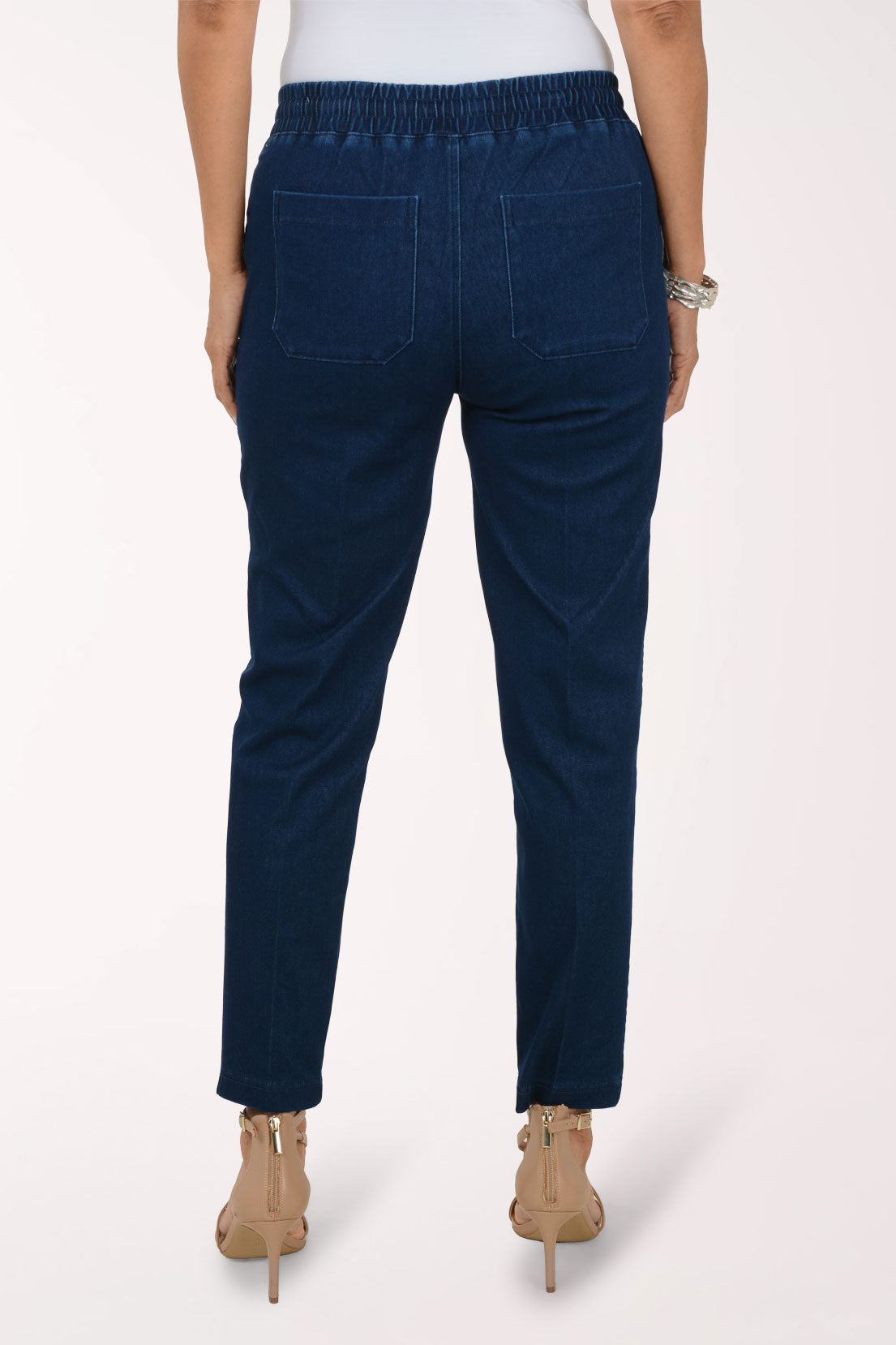 Back view of the Dark Wash Drawstring Relaxed Denim Pant showing the back patch pockets