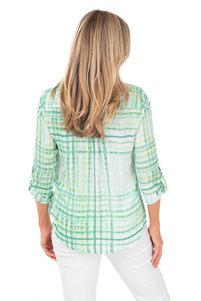 Petite Checkered Button-Tab Crepe Blouse