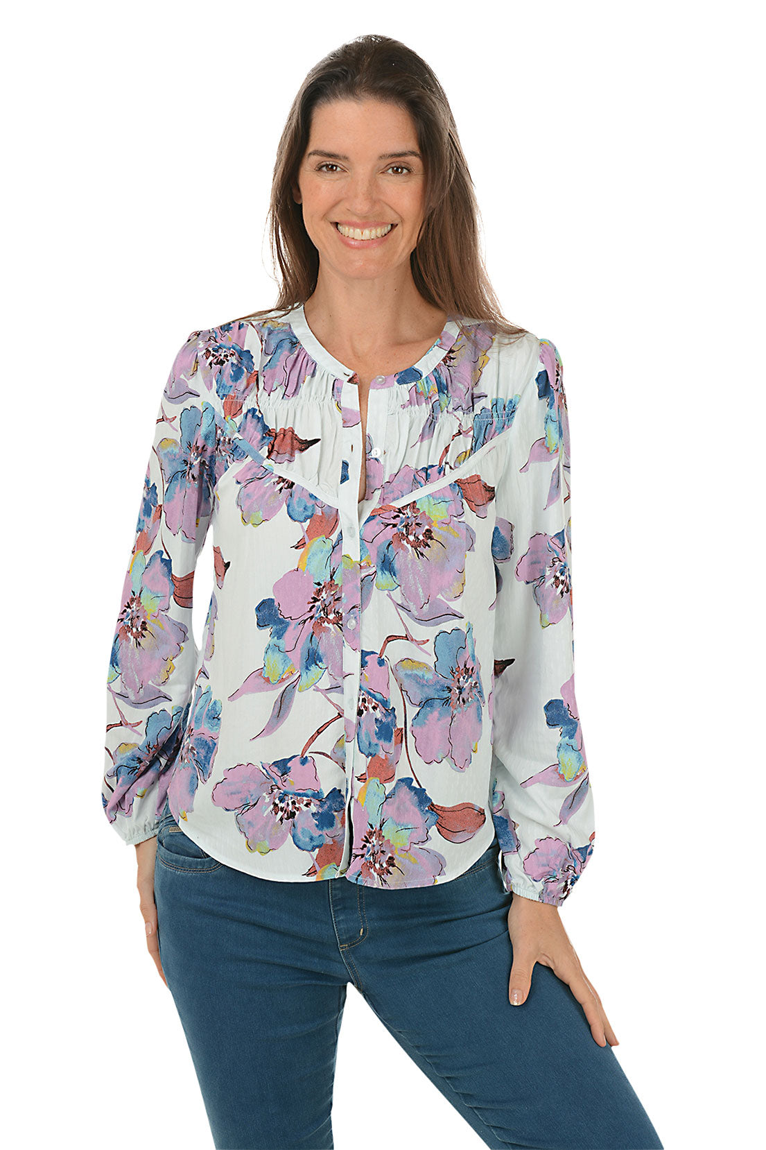 A front shot of a model wearing a floral hibiscus jacquard yoke detail shirt with a collarless button-front design and long sleeves.