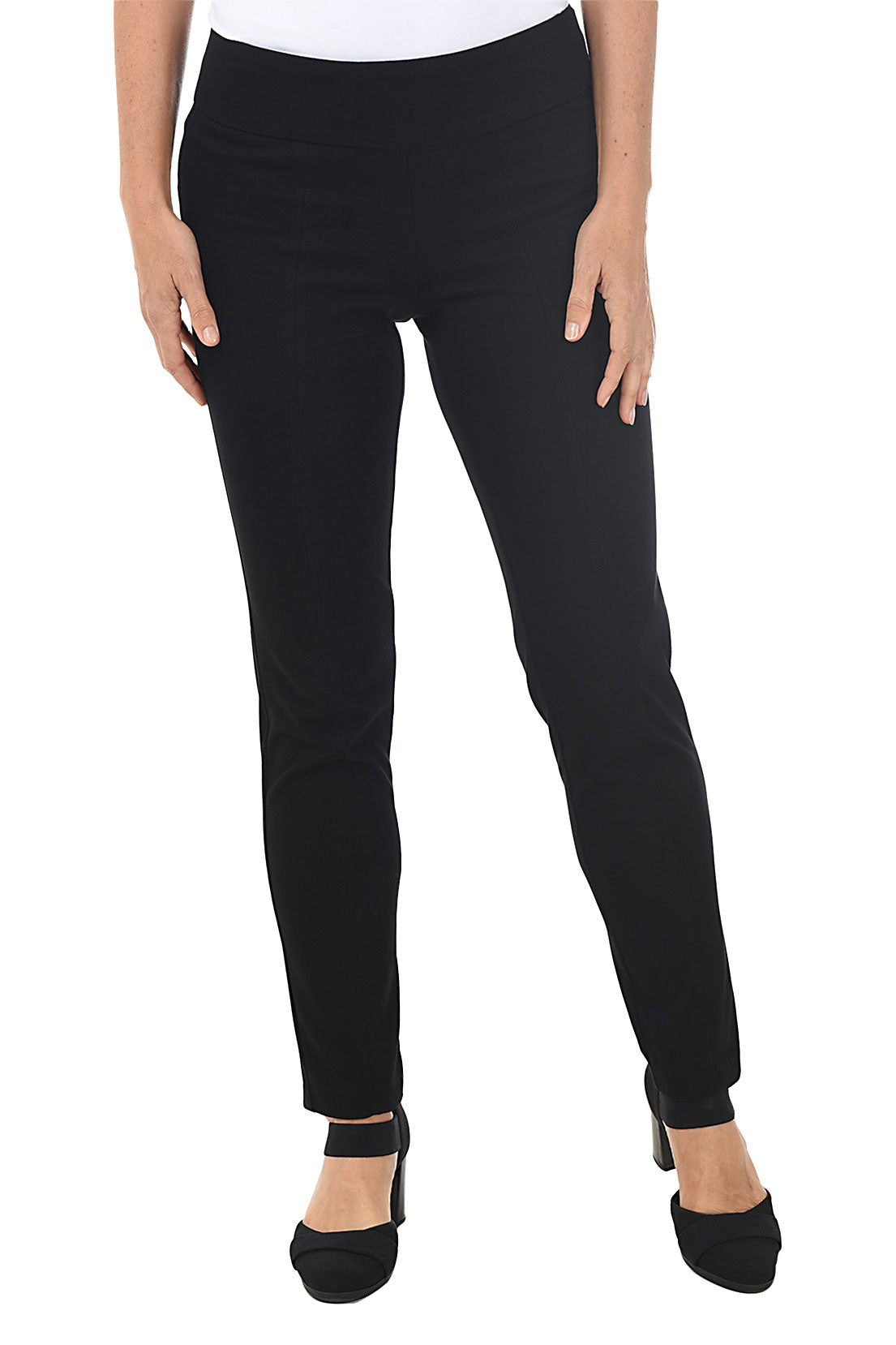A front shot of black pants worn by a person on a white background