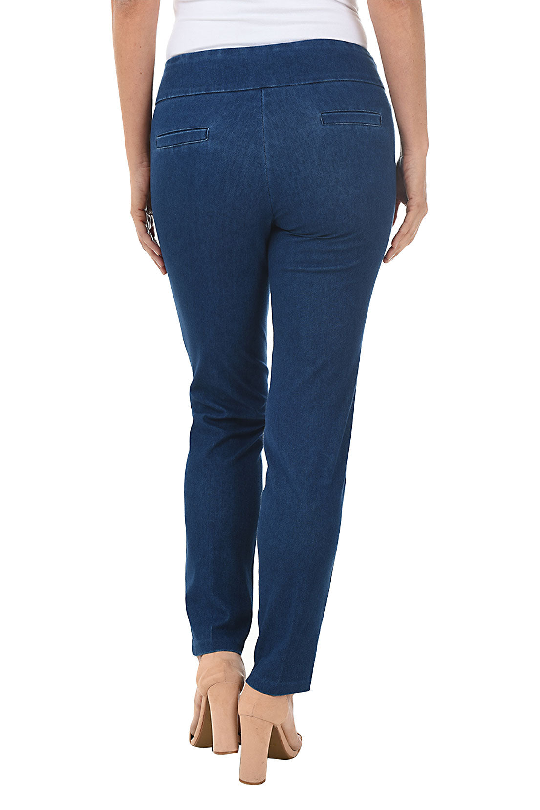 Back shot of blue jeans worn by a person on a white background