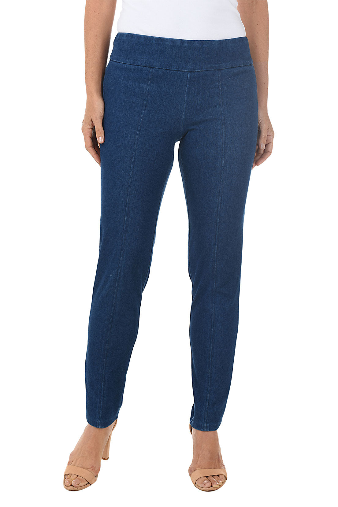 A front shot of blue jeggings worn by a person on a white background.