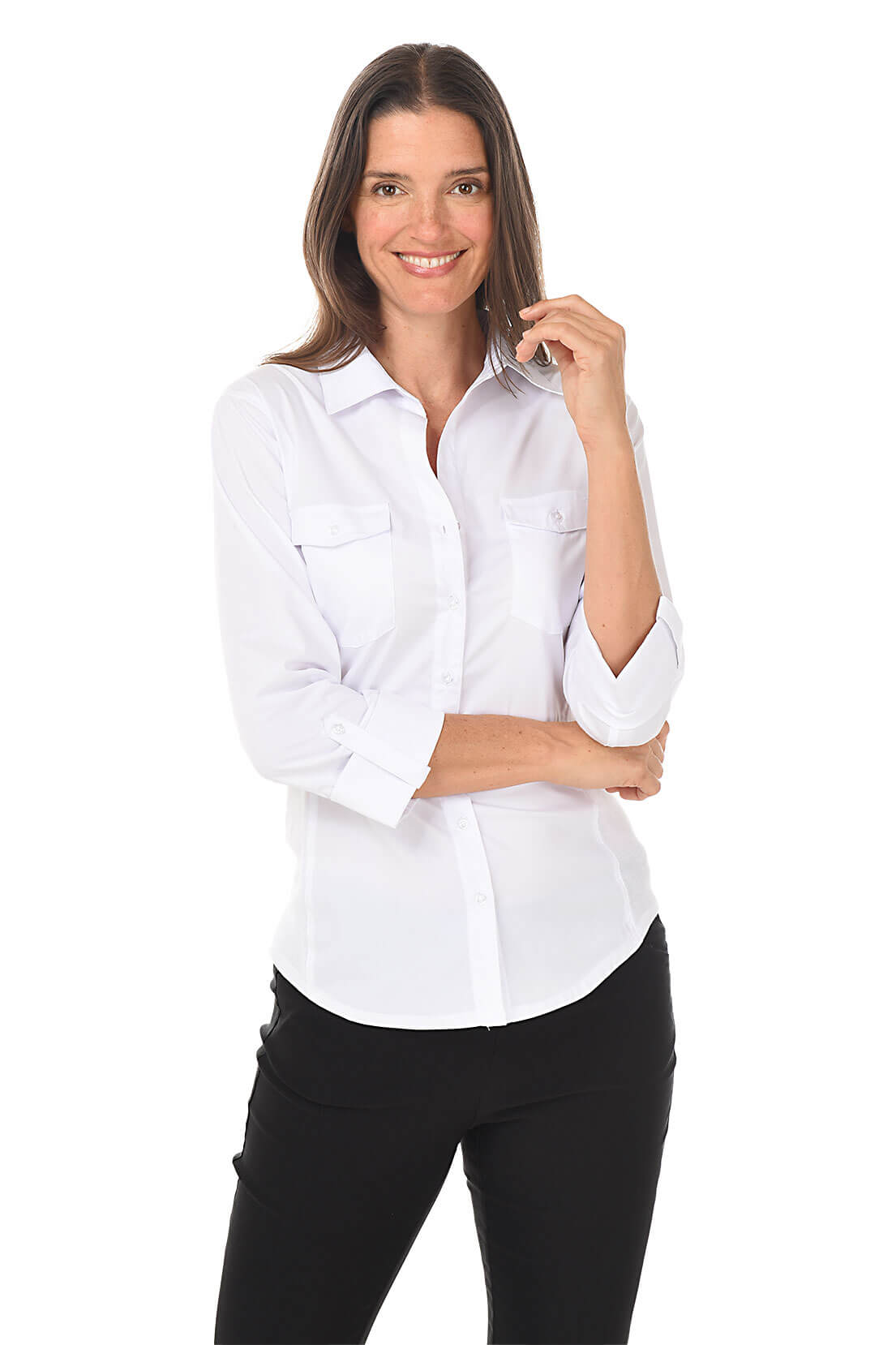 Woman wearing a white shirt and black pants on a white background