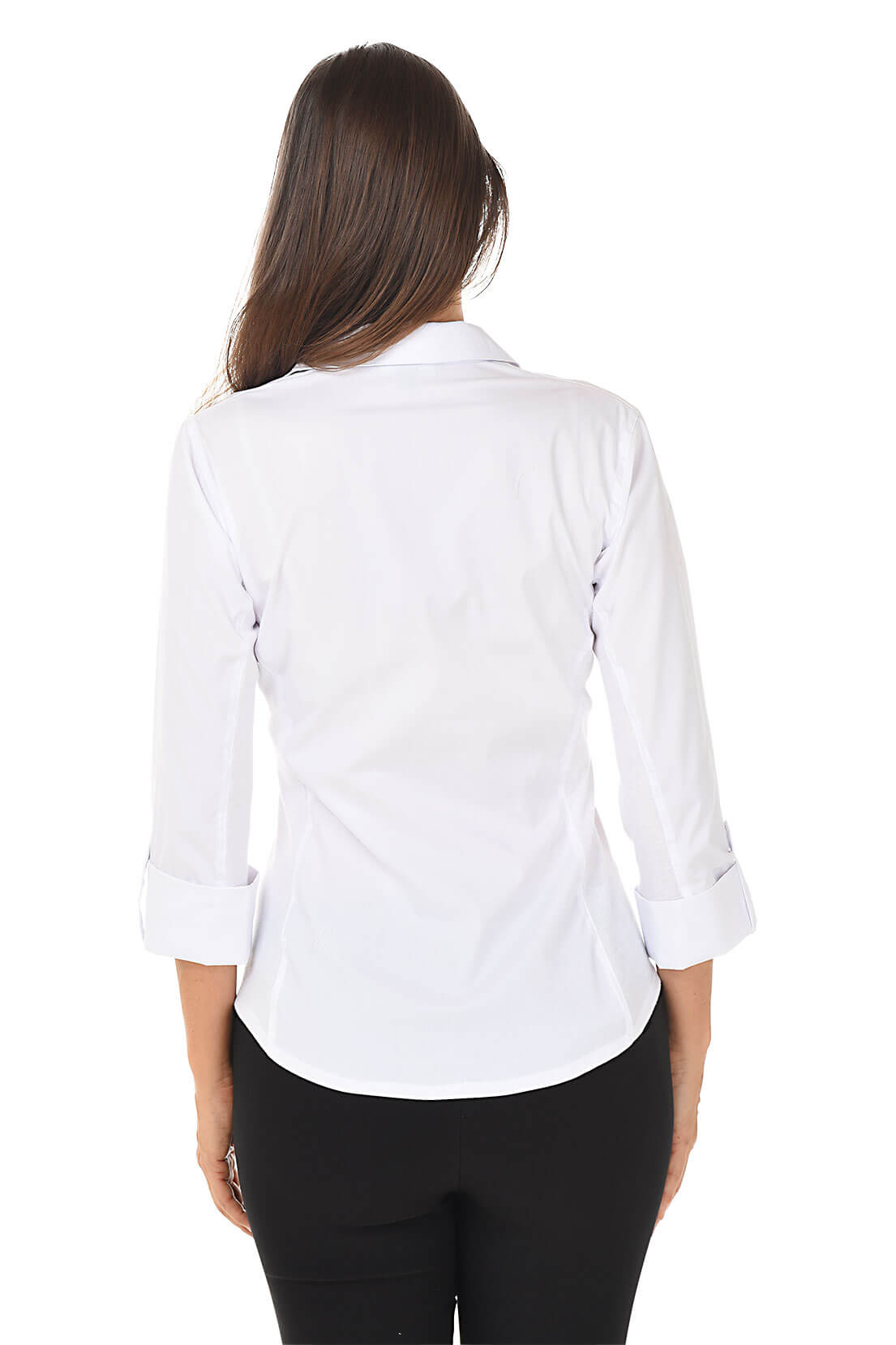 Woman wearing a white shirt on a white background. Back shot.
