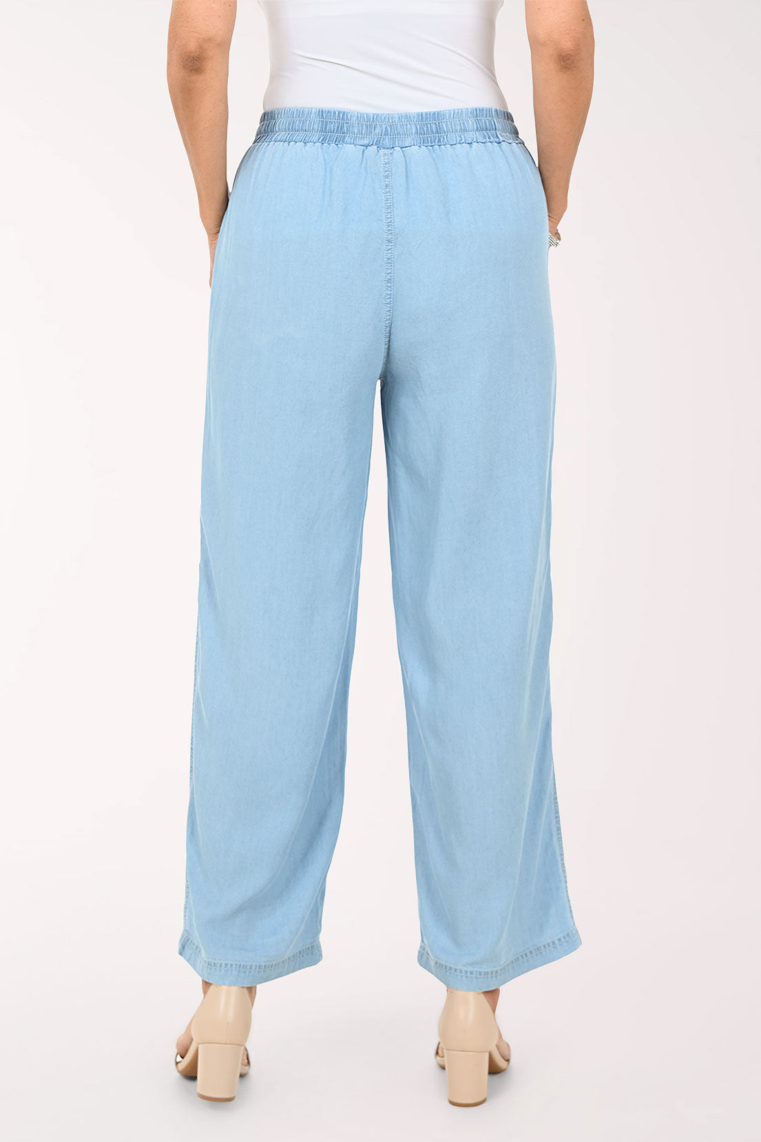 Light blue wide-leg cropped pants with an elastic drawstring waist and large front patch pockets, shown on a model against a plain light background.