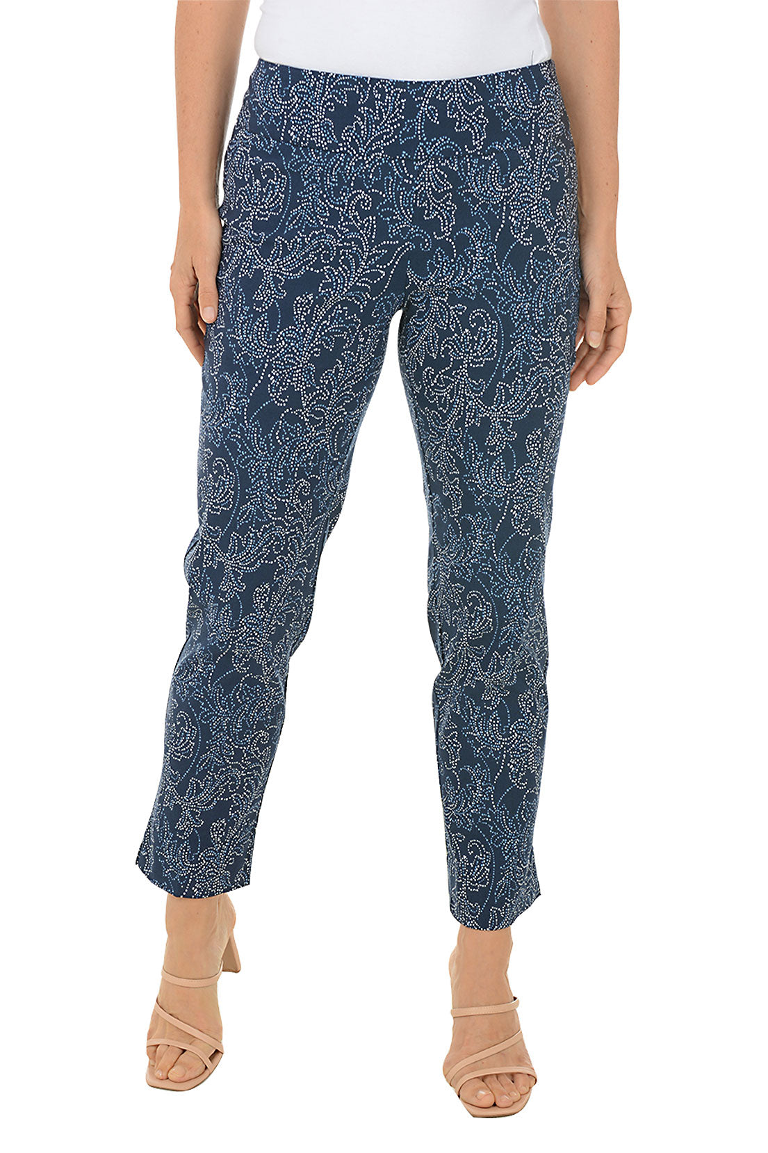 A front shot of a pair of pull-on ankle pants with a floral pattern, featuring an elasticized waistband, flat front and back, tummy control lining, and side slits on the hemline.