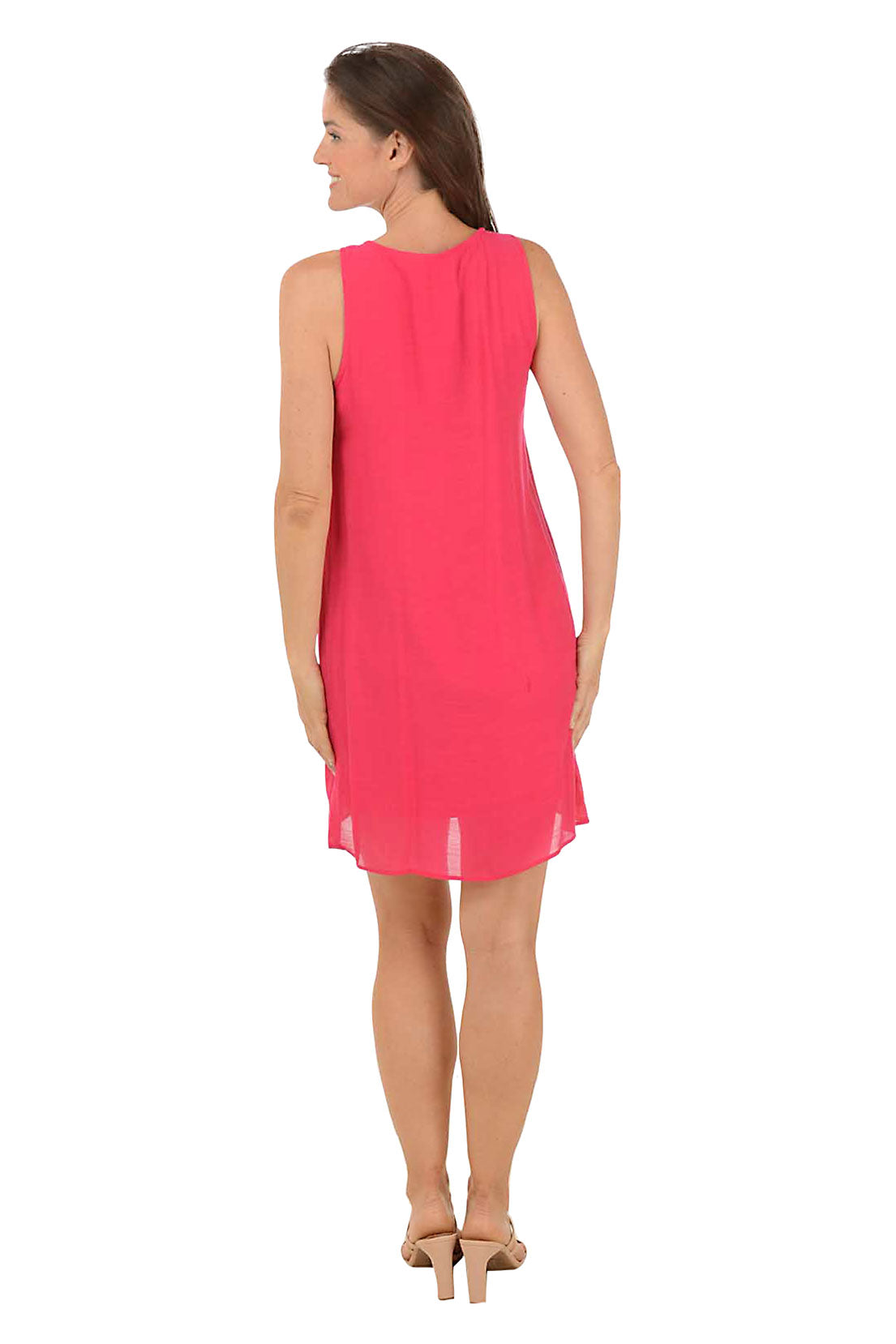 A back shot of a woman wearing a red halter neck, sleeveless, straight hemline dress with a lining, pullover style, and a center back length of 35 inches.