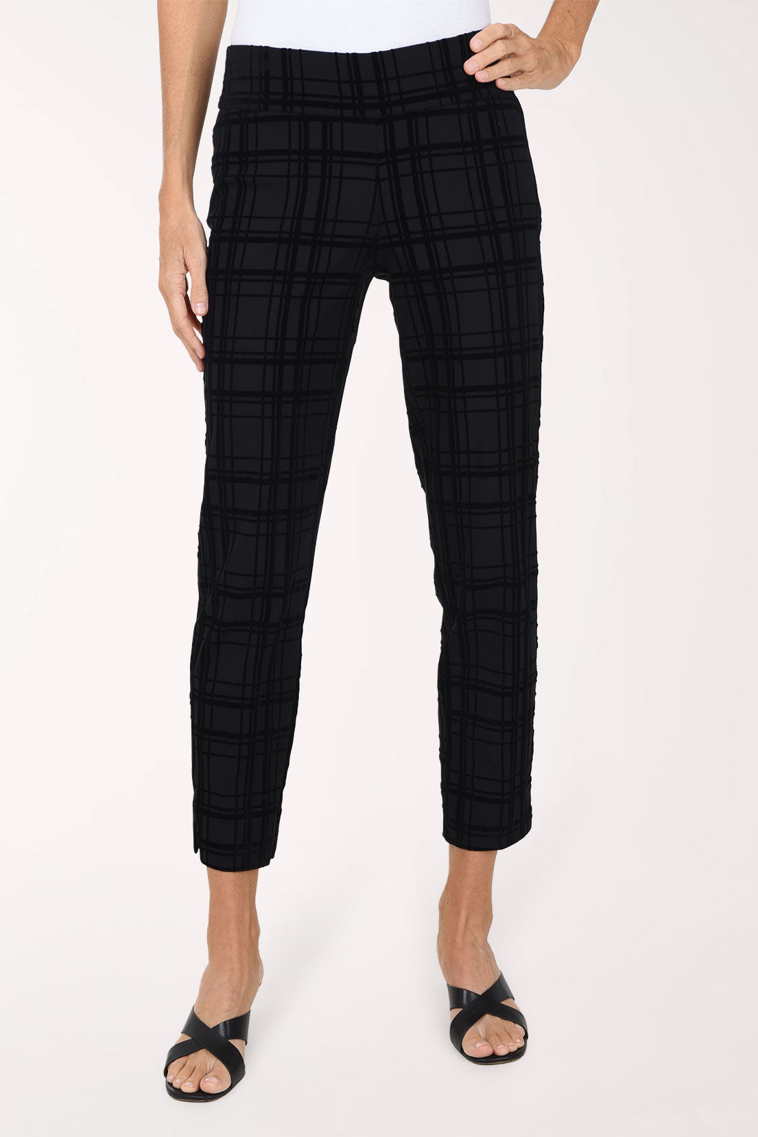 Front view of the Velvet Plaid Pull-On Ankle Pant showing the wide stretch waistband and embossed velvet plaid