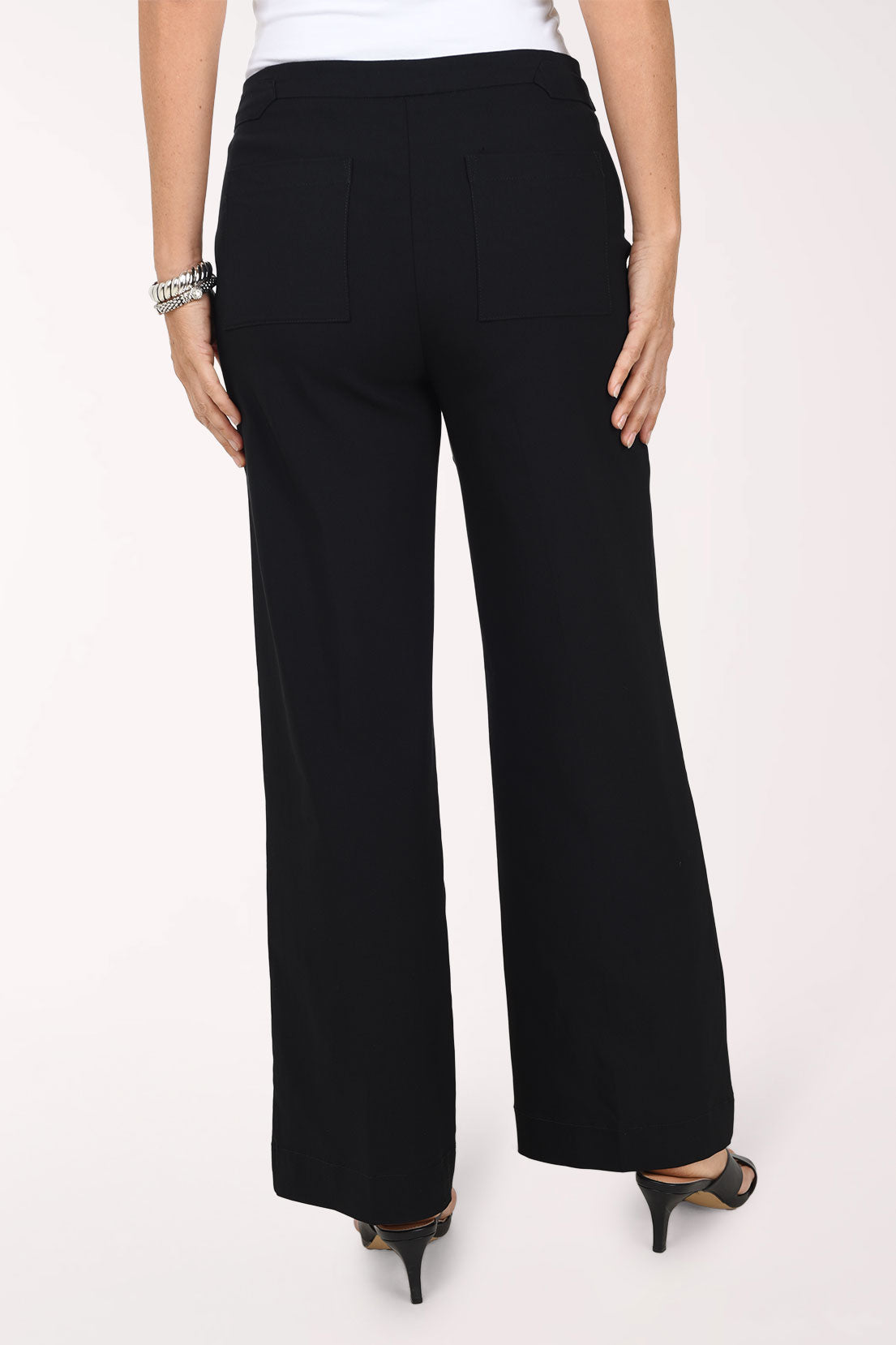 Back view of the black Buckle Waist Wide Leg Pant showing the back patch pockets
