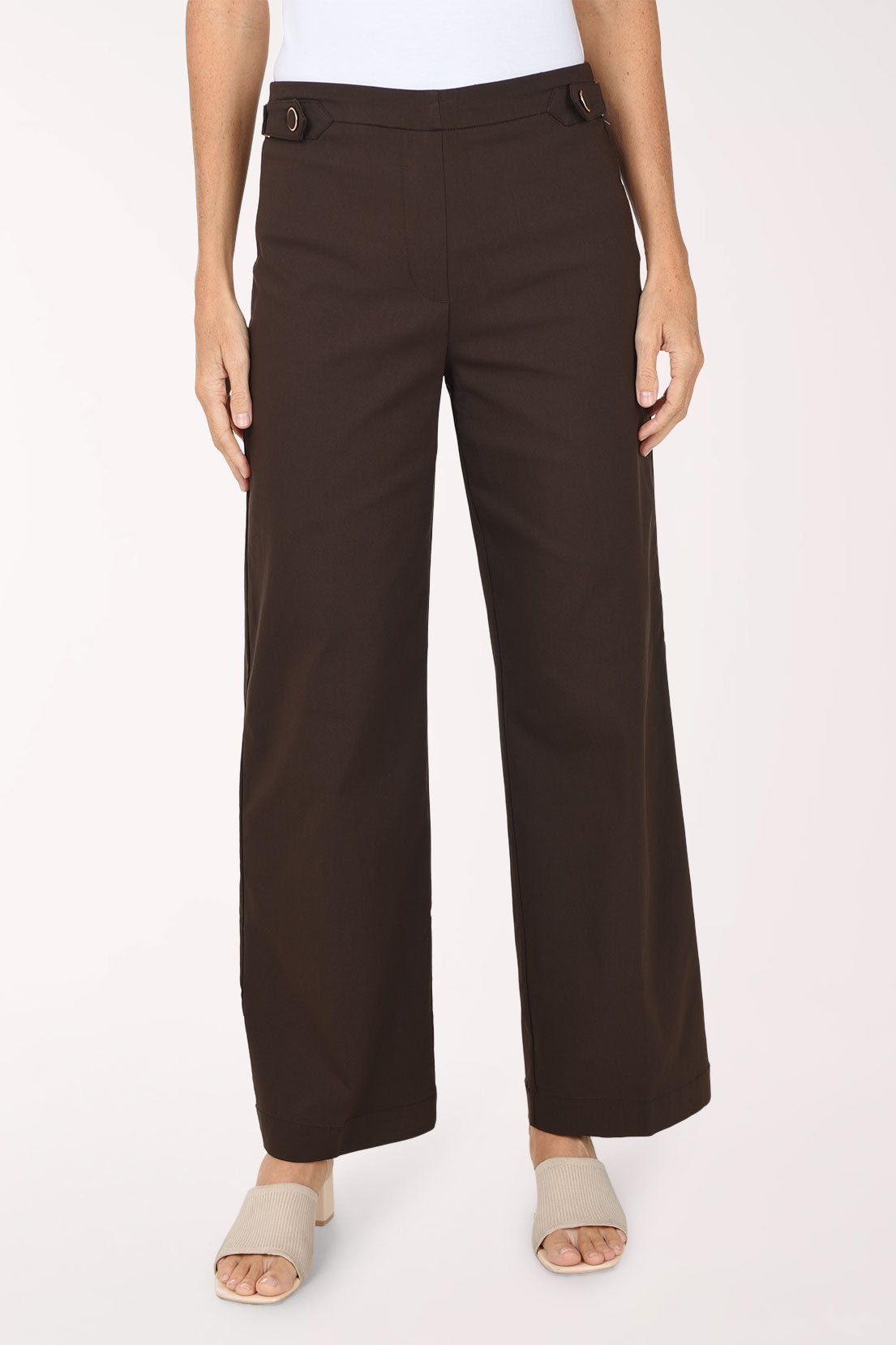 Front view of the chocolate Buckle Waist Wide Leg Pant showing the buttoned buckle waistband
